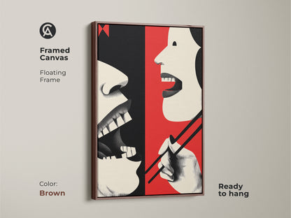 A brown framed canvas displays a retro mouth and chopsticks artwork. This kitchen wall art in red cream and black enhances dining spaces. Perfect as a foodie housewarming gift. Ready to hang abstract artwork.