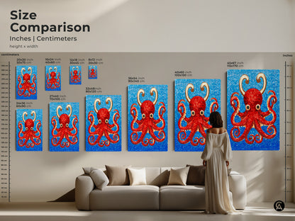 Size comparison of the red octopus mosaic artwork in various dimensions. See how the canvas print fits above a sofa to enhance your living room decor. Envision the abstract marine life art in different sizes. Find the perfect fit for your space with this vibrant and unique sea creature art.