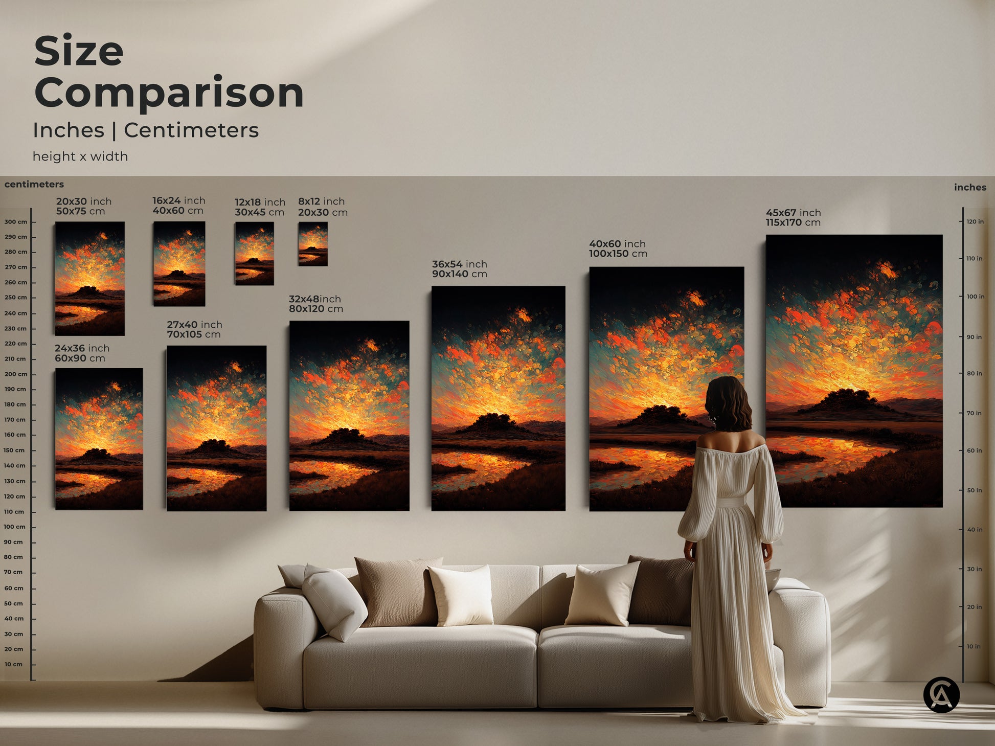 Size comparison of the sunset landscape artwork. Inches and centimeters are shown. Various sizes are displayed next to a model and sofa. This is ideal for residential wall decor.