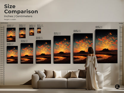 Size comparison of the sunset landscape artwork. Inches and centimeters are shown. Various sizes are displayed next to a model and sofa. This is ideal for residential wall decor.