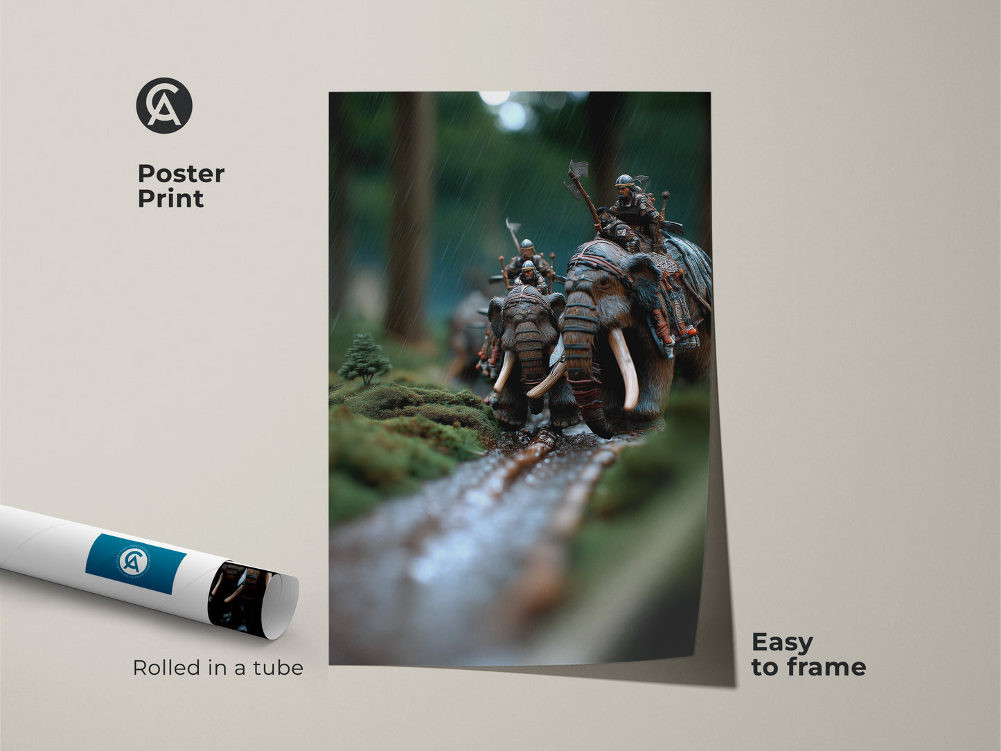 Poster print of fantasy battle scene art. Rolled in a tube easy to frame. This moss green and earthy brown artwork depicts elephant warriors in an epic cinematic style. Perfect D&D inspired wall decor for tabletop gaming art lovers.