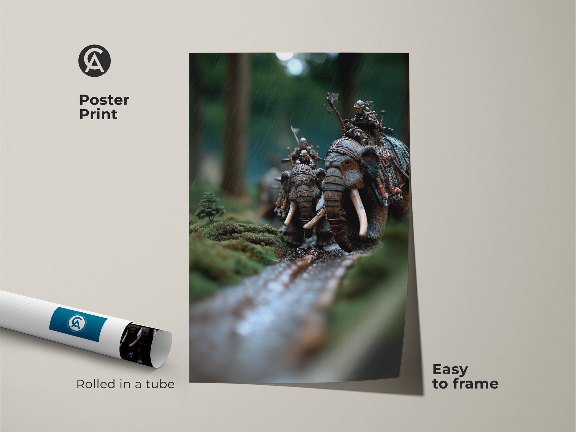 Poster print of fantasy battle scene art. Rolled in a tube easy to frame. This moss green and earthy brown artwork depicts elephant warriors in an epic cinematic style. Perfect D&D inspired wall decor for tabletop gaming art lovers.