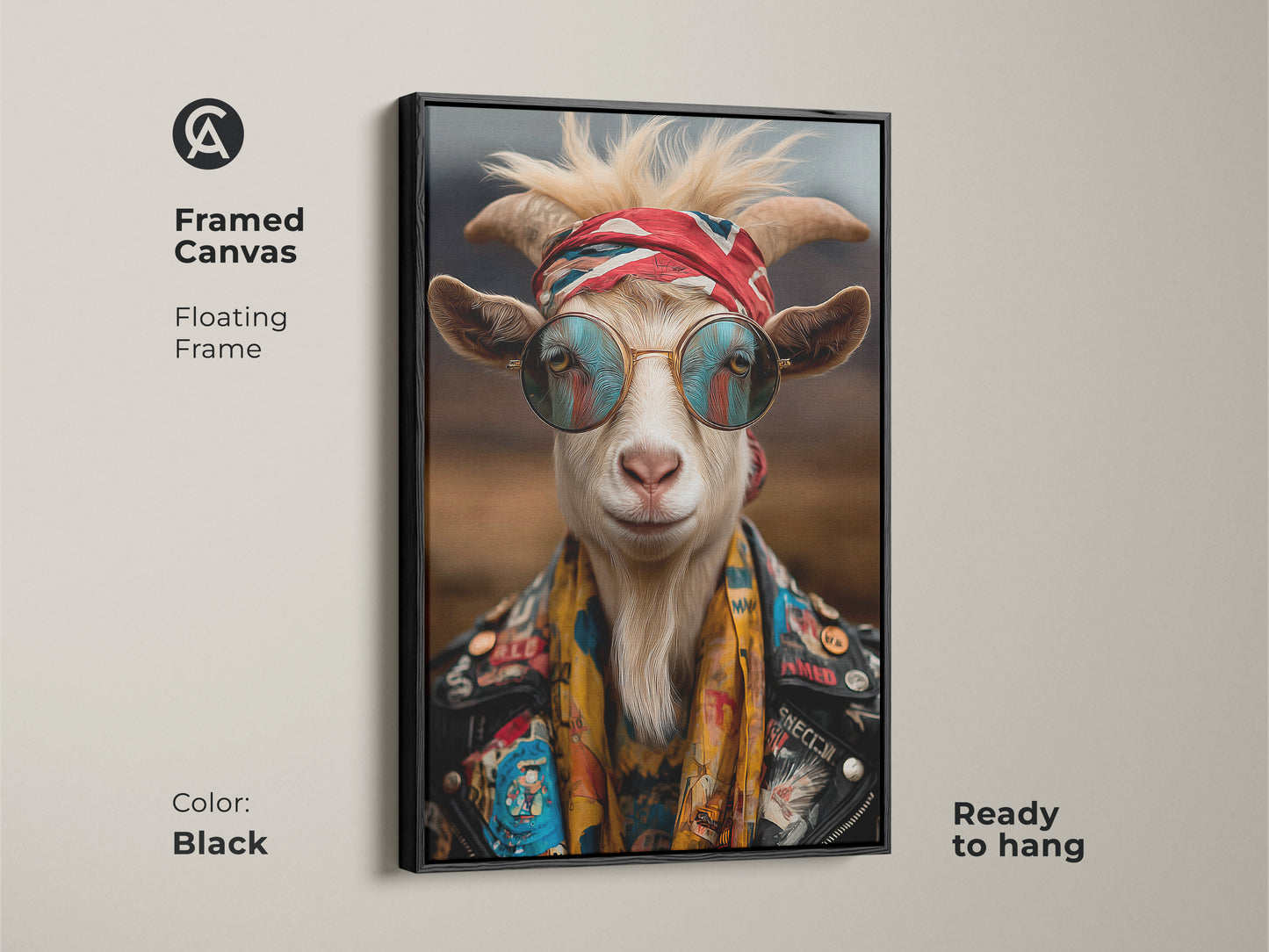 Black framed canvas print of a rockstar goat. This unique portrait features a goat wearing sunglasses bandana and leather jacket. Add a touch of cool to any room with this wildlife lover gift.