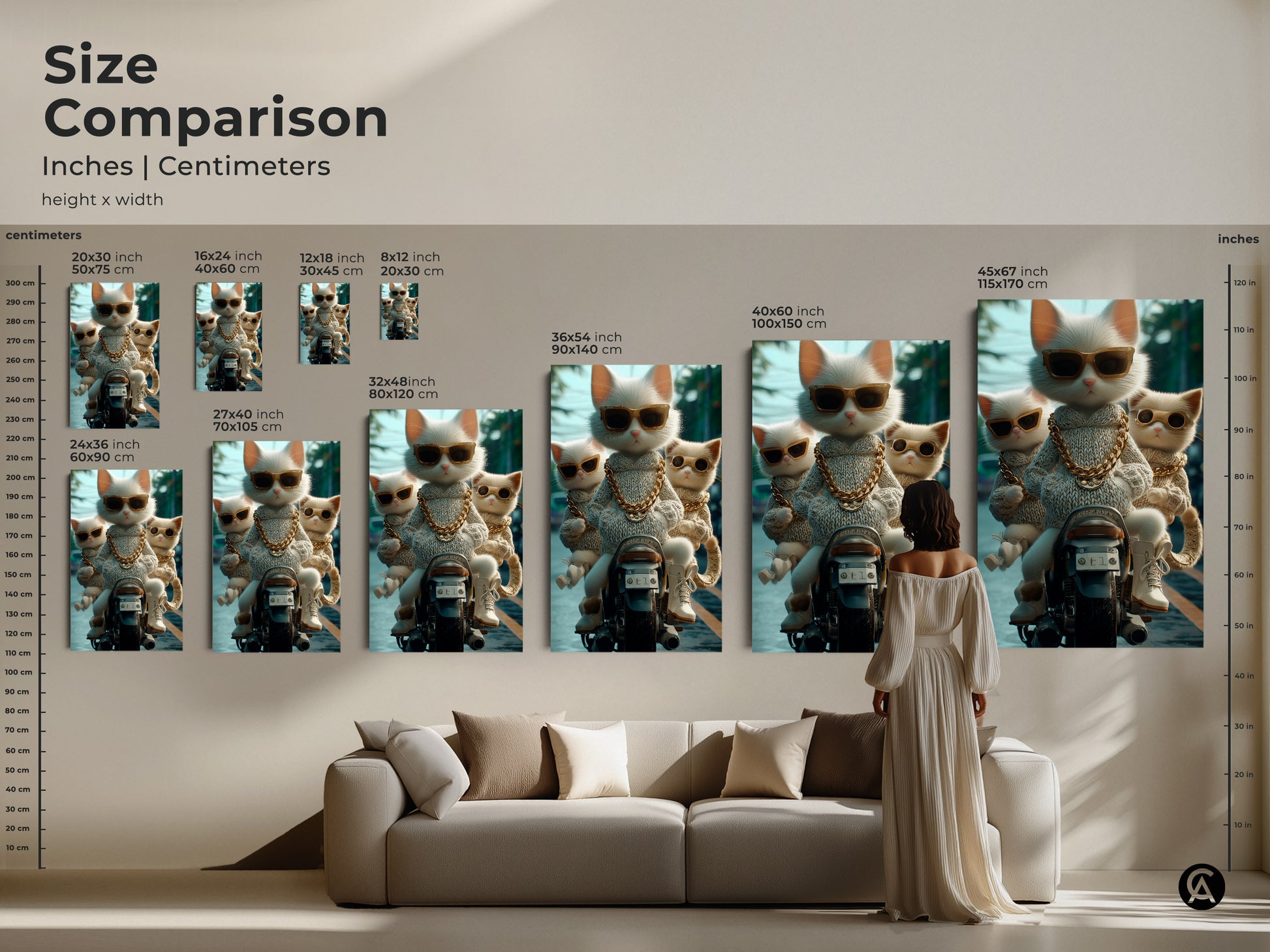 A size comparison is shown for the cat artwork. Inches and centimeters are displayed for various sizes. The artwork features three cats on a motorcycle. The art is available on canvas and as a poster. Find the perfect size to enhance your home decor today.