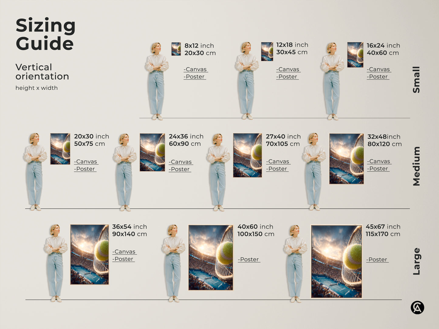 Sizing guide for vertical tennis artwork. Sizes range from small to large. Canvas and poster options are available. Find the perfect size to complement your home decor. Artwork is ready to hang.