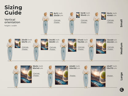 Sizing guide for vertical tennis artwork. Sizes range from small to large. Canvas and poster options are available. Find the perfect size to complement your home decor. Artwork is ready to hang.