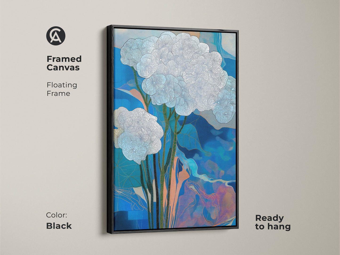 Framed canvas with black floating frame showcasing abstract botanical wall art. This blue white floral canvas art is ready to hang. Contemporary nature artwork adds elegance to any space. Shop now for line art botanical decor.