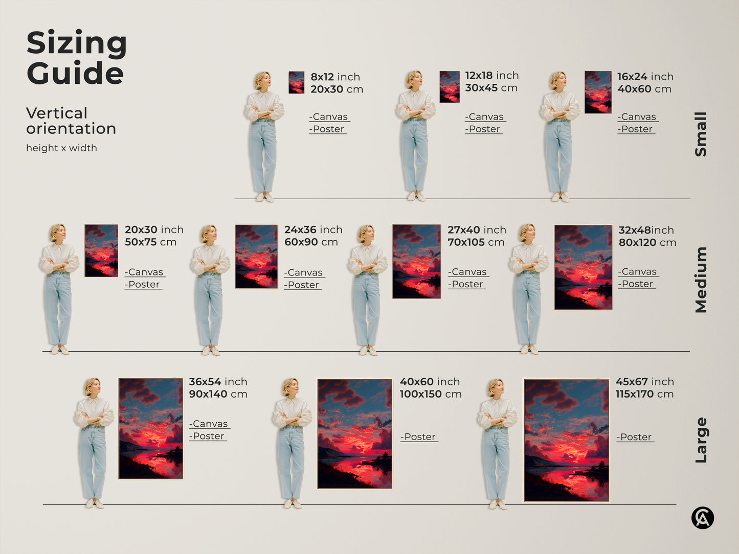 Sizing guide for vertical orientation of expressive crimson sunset canvas art. Choose from small medium and large sizes. Visualize the artwork in various dimensions. Perfect for bedroom wall decor or living room canvas art. Find the ideal fit for your space with this skyscape landscape print.