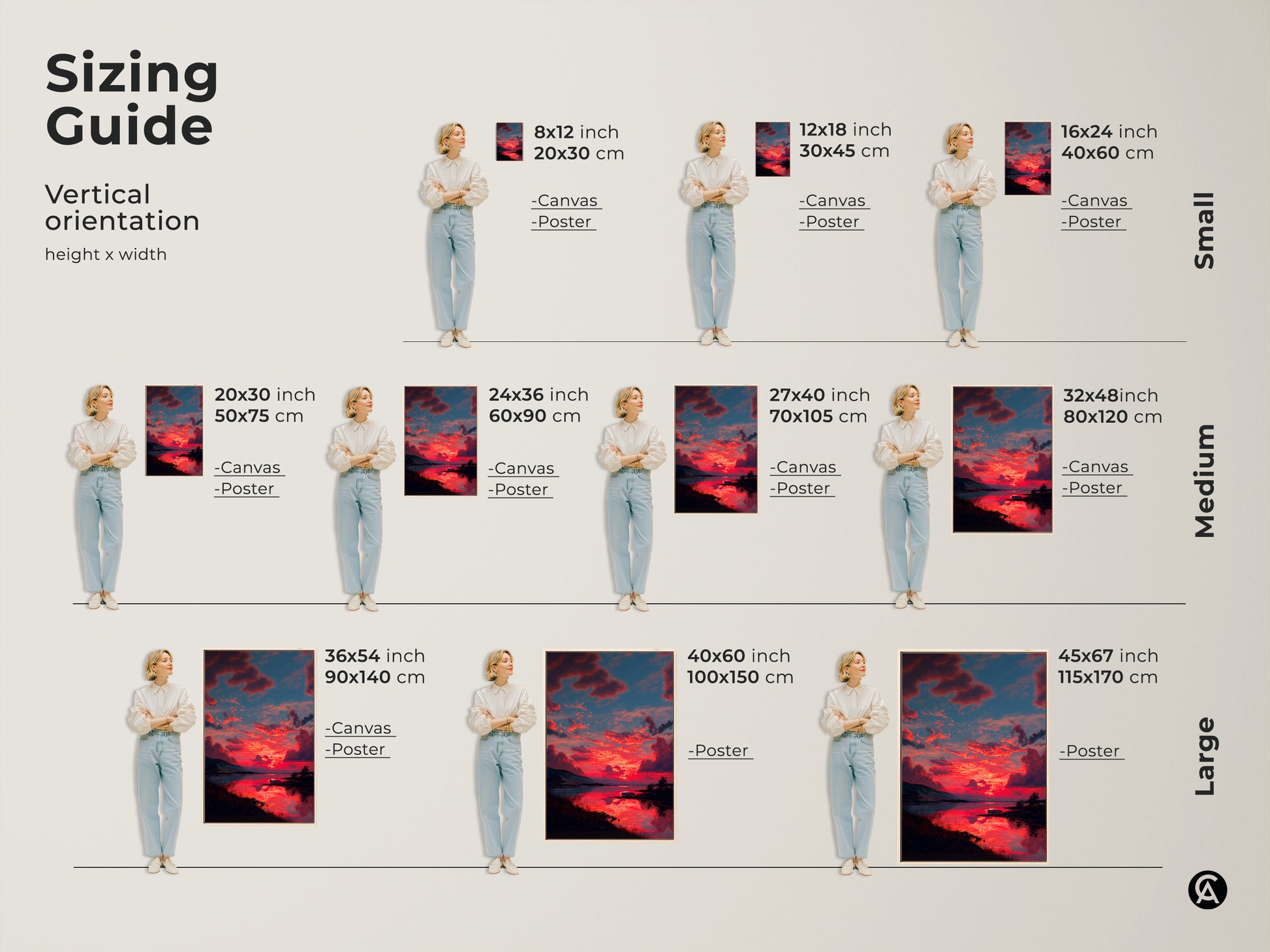 Sizing guide for vertical orientation of expressive crimson sunset canvas art. Choose from small medium and large sizes. Visualize the artwork in various dimensions. Perfect for bedroom wall decor or living room canvas art. Find the ideal fit for your space with this skyscape landscape print.