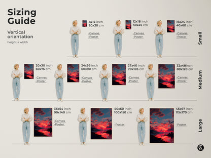 Sizing guide for vertical orientation of expressive crimson sunset canvas art. Choose from small medium and large sizes. Visualize the artwork in various dimensions. Perfect for bedroom wall decor or living room canvas art. Find the ideal fit for your space with this skyscape landscape print.
