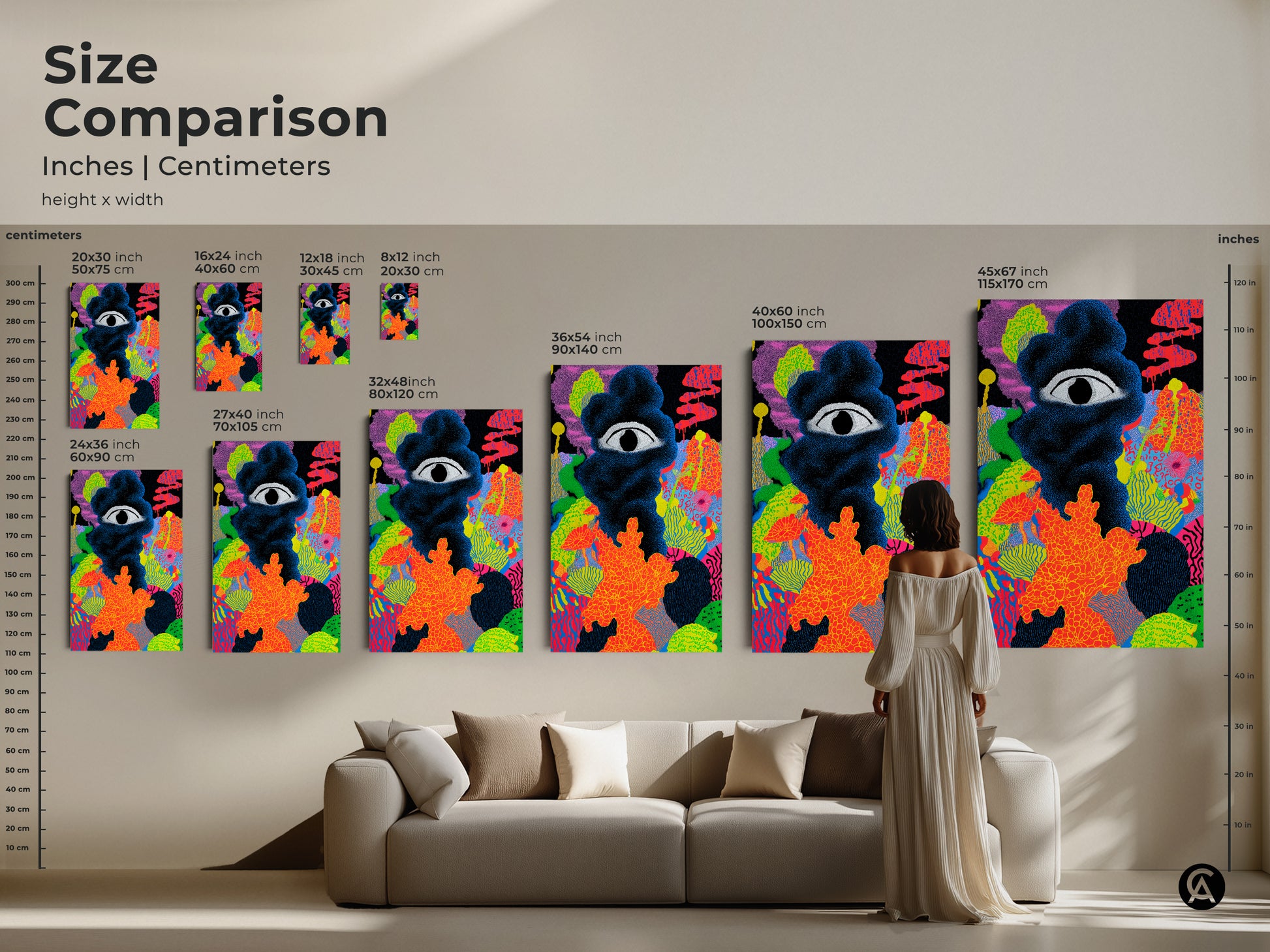 Size comparison of abstract eye wall art in inches and centimeters. See how this neon orange abstract art fits above a couch. The surreal eye canvas print adds a modern touch to any living room. Perfect for art lovers.