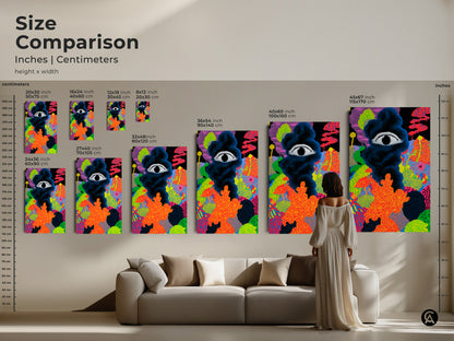 Size comparison of abstract eye wall art in inches and centimeters. See how this neon orange abstract art fits above a couch. The surreal eye canvas print adds a modern touch to any living room. Perfect for art lovers.