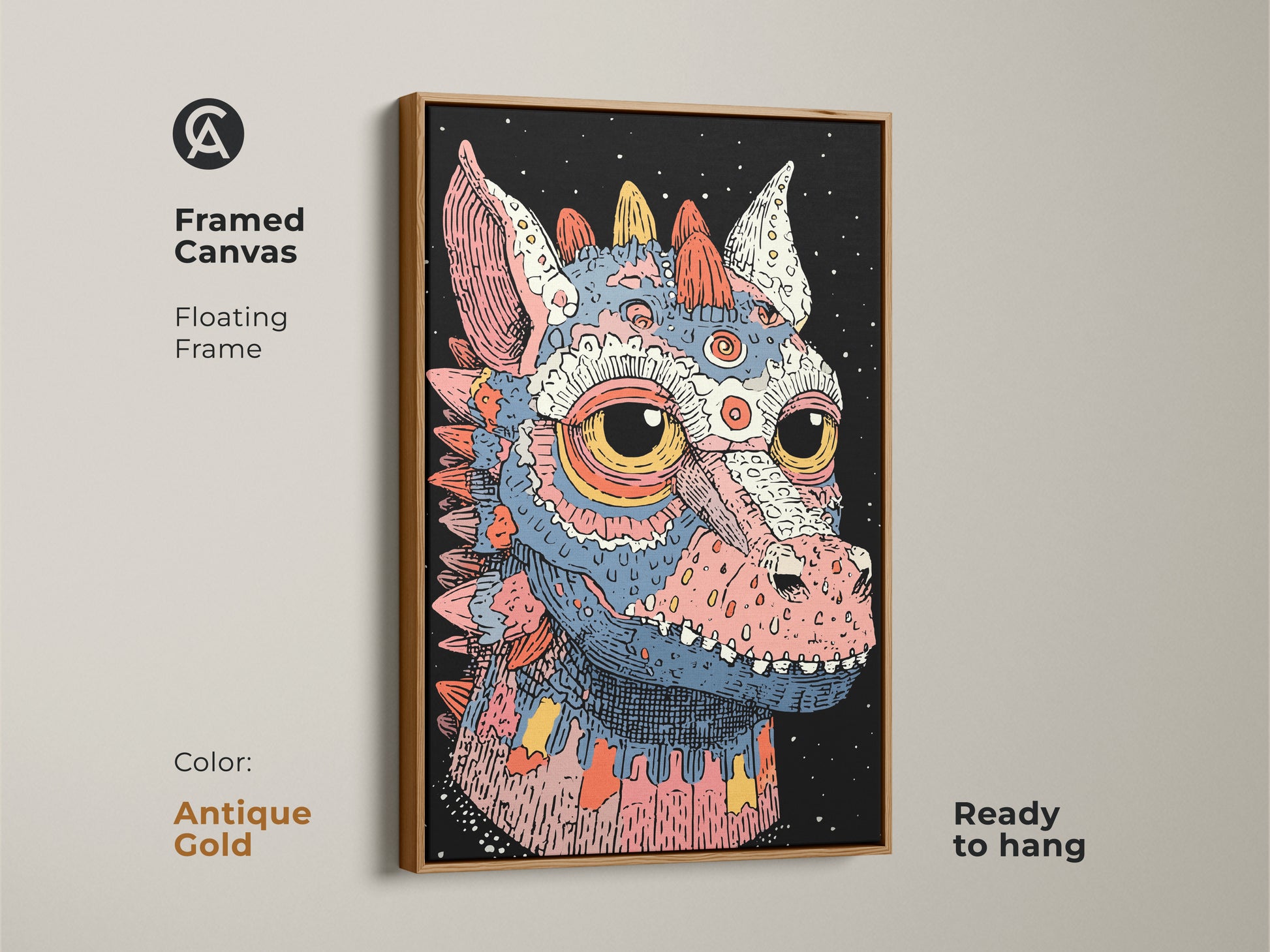 Antique gold framed canvas of a fantasy dragon. This teal pink and blue monster is pop surrealism. This eclectic artwork is a great bedroom art gift. Ready to hang.