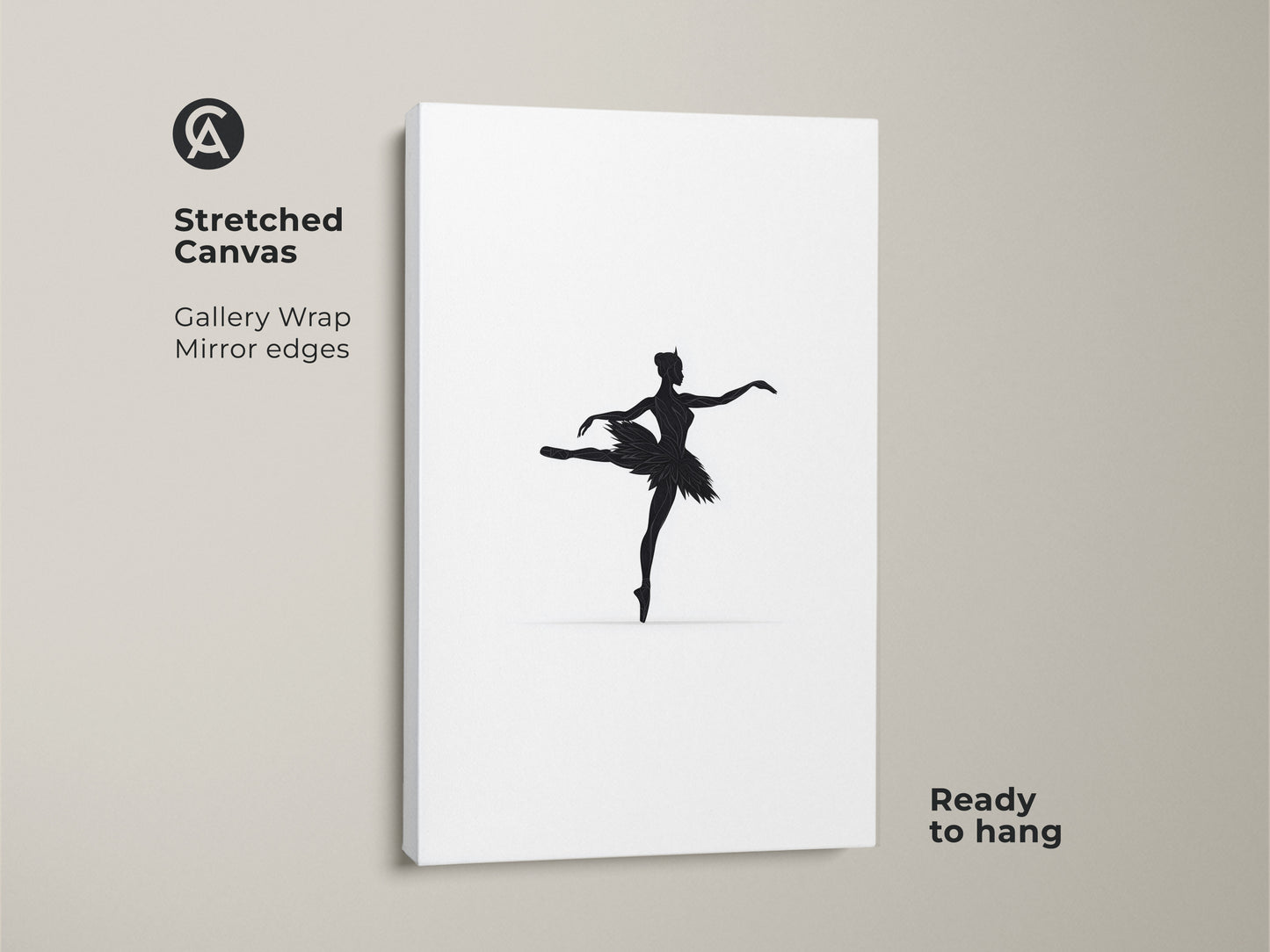 A stretched canvas features a minimalist black ballerina silhouette. It's a modern dance wall art ready to hang. The gallery wrap and mirror edges enhance its contemporary style. This elegant figure art makes a perfect artistic gift for dancers or a chic addition to a home office.