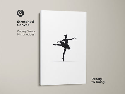 A stretched canvas features a minimalist black ballerina silhouette. It's a modern dance wall art ready to hang. The gallery wrap and mirror edges enhance its contemporary style. This elegant figure art makes a perfect artistic gift for dancers or a chic addition to a home office.