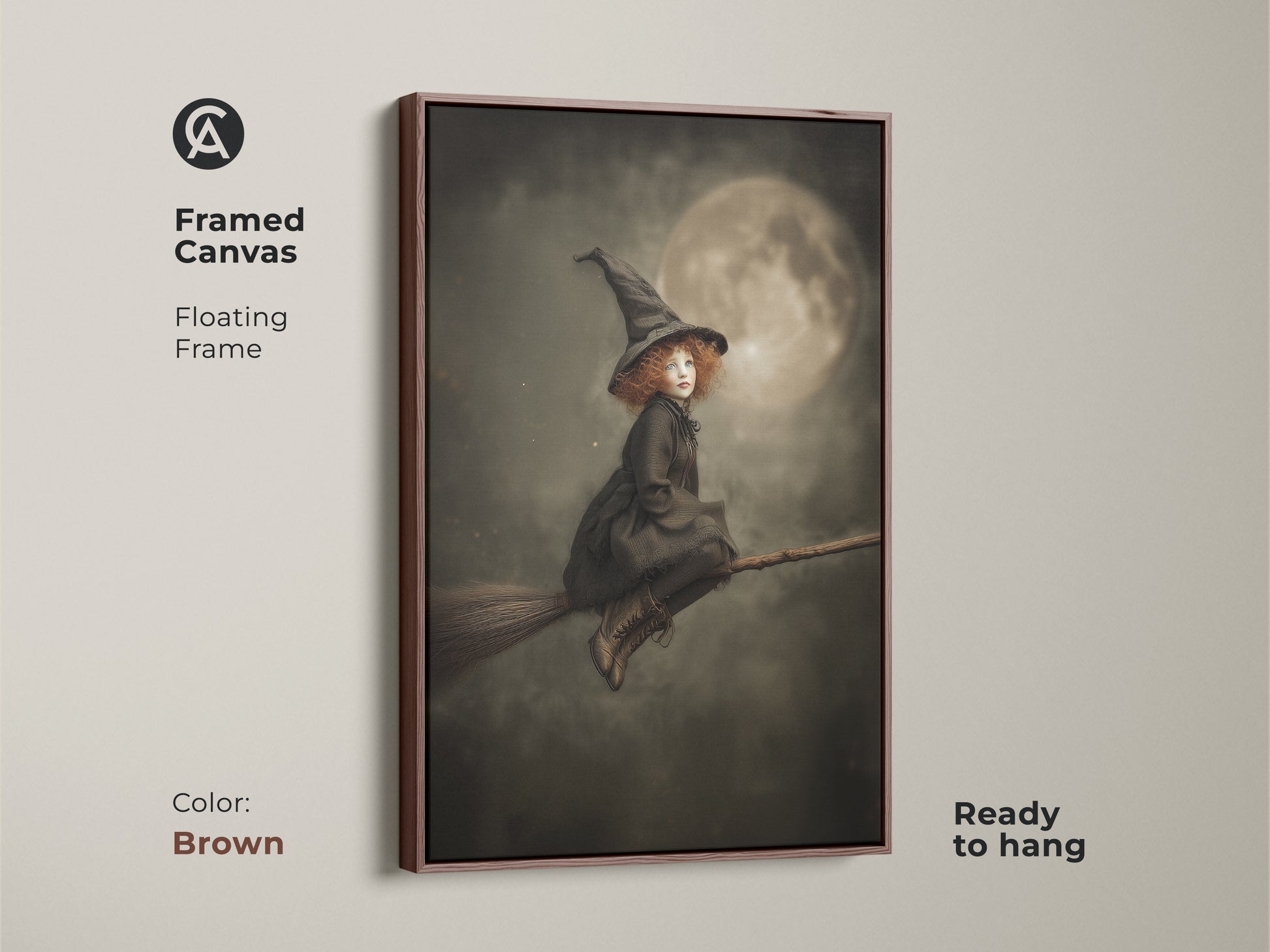 Framed canvas art shows a little witch on her broomstick. The floating frame is brown and ready to hang. This gothic fantasy artwork is perfect for a kids room. The dark academia aesthetic adds magic to any space. A luminous moon lights her way.