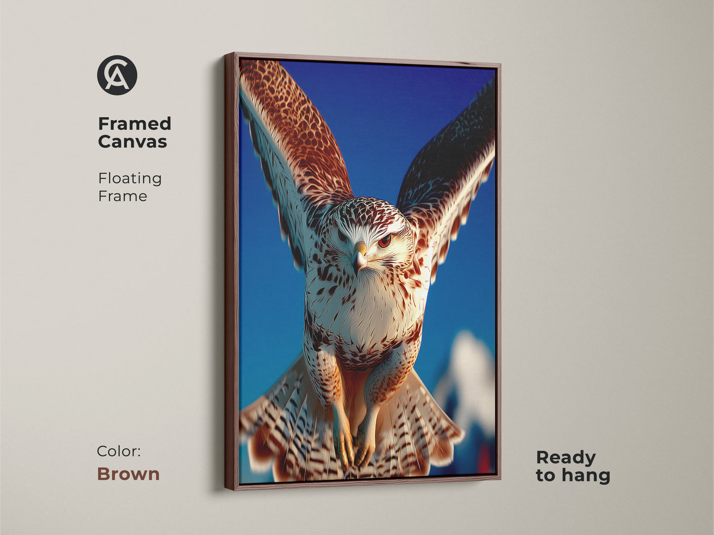 Elevate your space with this framed canvas of a bird of prey art print with a brown floating frame. The realistic falcon and blue sky wildlife decor add natural charm. A perfect gift for bird watchers this falconry artwork is ready to hang.