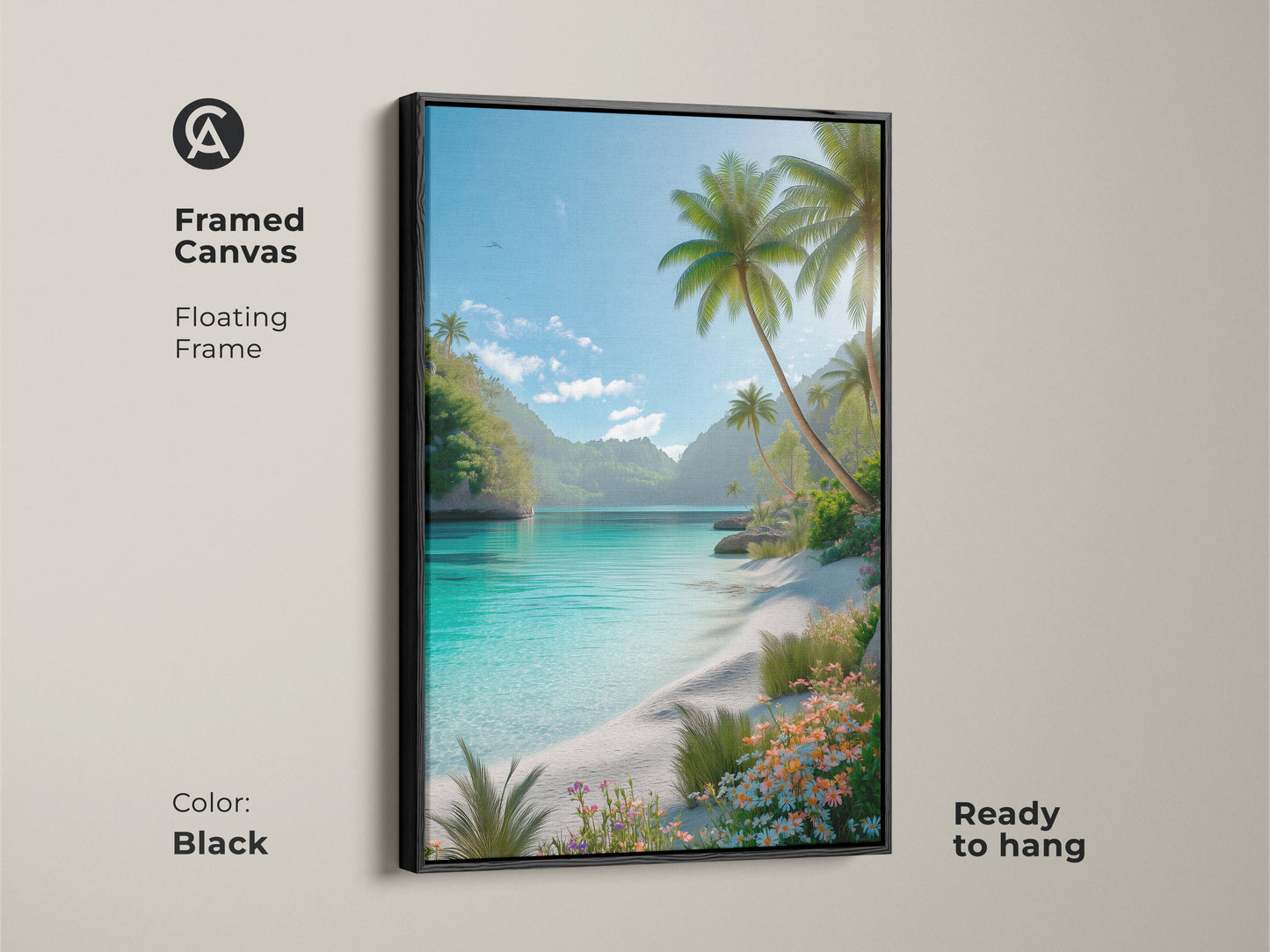 Framed canvas art of a tropical beach. This floating frame is black. The ready to hang artwork features turquoise water palm trees and flowers. Buy this framed beach art today.
