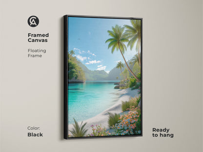 Framed canvas art of a tropical beach. This floating frame is black. The ready to hang artwork features turquoise water palm trees and flowers. Buy this framed beach art today.
