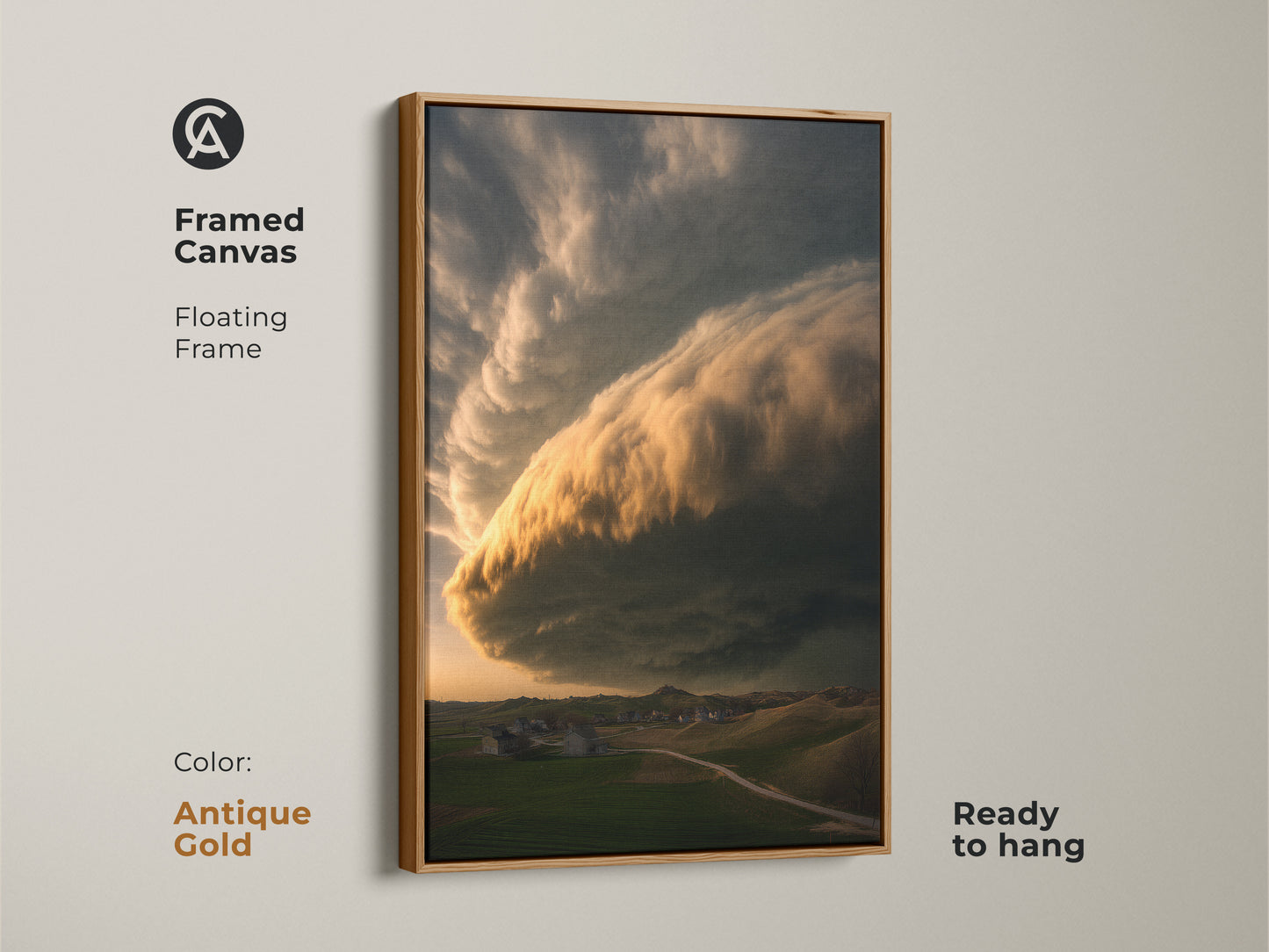 Framed canvas with an antique gold floating frame showing captivating storm artwork. The golden yellow cloud illuminates green rolling fields in this ready-to-hang print. A unique nature wall art for modern farmhouse style. Ideal for adding atmospheric cloud art.