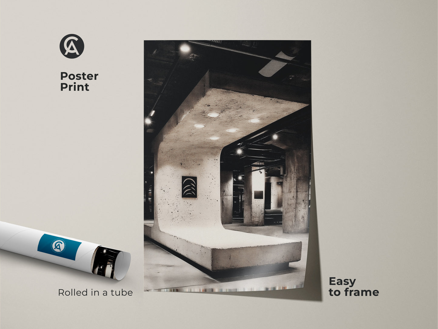 Brutalist architecture print rolled in tube easy to frame. Shop Black and white office wall decor online. This minimalist abstract art enhances any loft or office. Ideal for architecture enthusiasts. Get your contemporary artwork today for a modern look.
