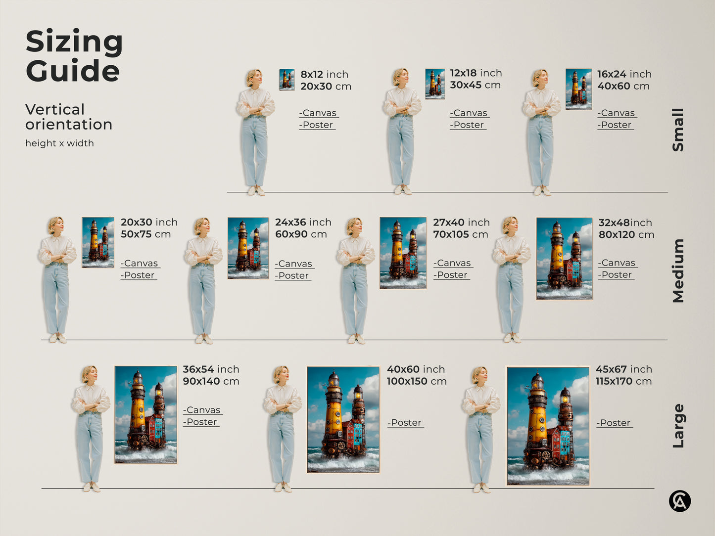 Sizing guide for vertical steampunk lighthouse artwork. See canvas and poster options in small medium and large sizes. Visualize industrial nautical coastal wall art for your home.
