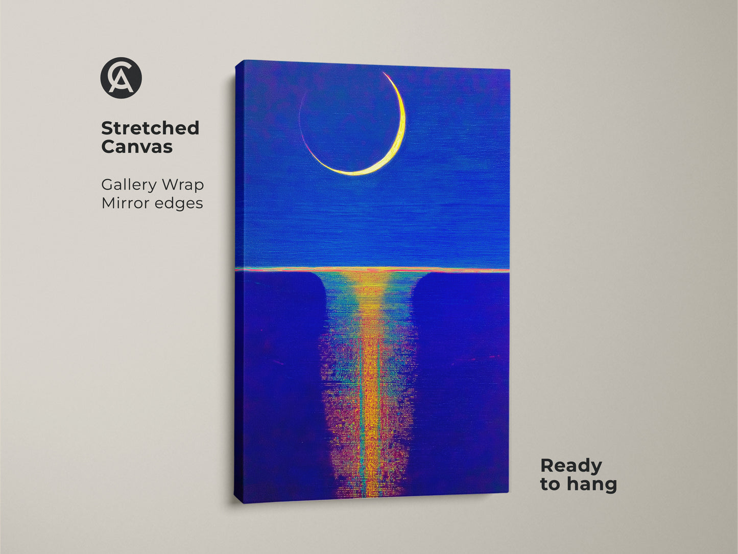This is a Stretched Canvas Gallery Wrap showcasing an abstract crescent moon art. The celestial wall art print has mirror edges and is ready to hang. The deep blue ochre canvas would work as boho bedroom decor.