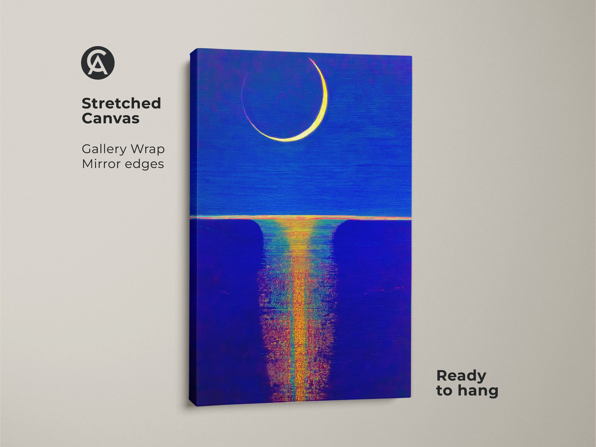 This is a Stretched Canvas Gallery Wrap showcasing an abstract crescent moon art. The celestial wall art print has mirror edges and is ready to hang. The deep blue ochre canvas would work as boho bedroom decor.