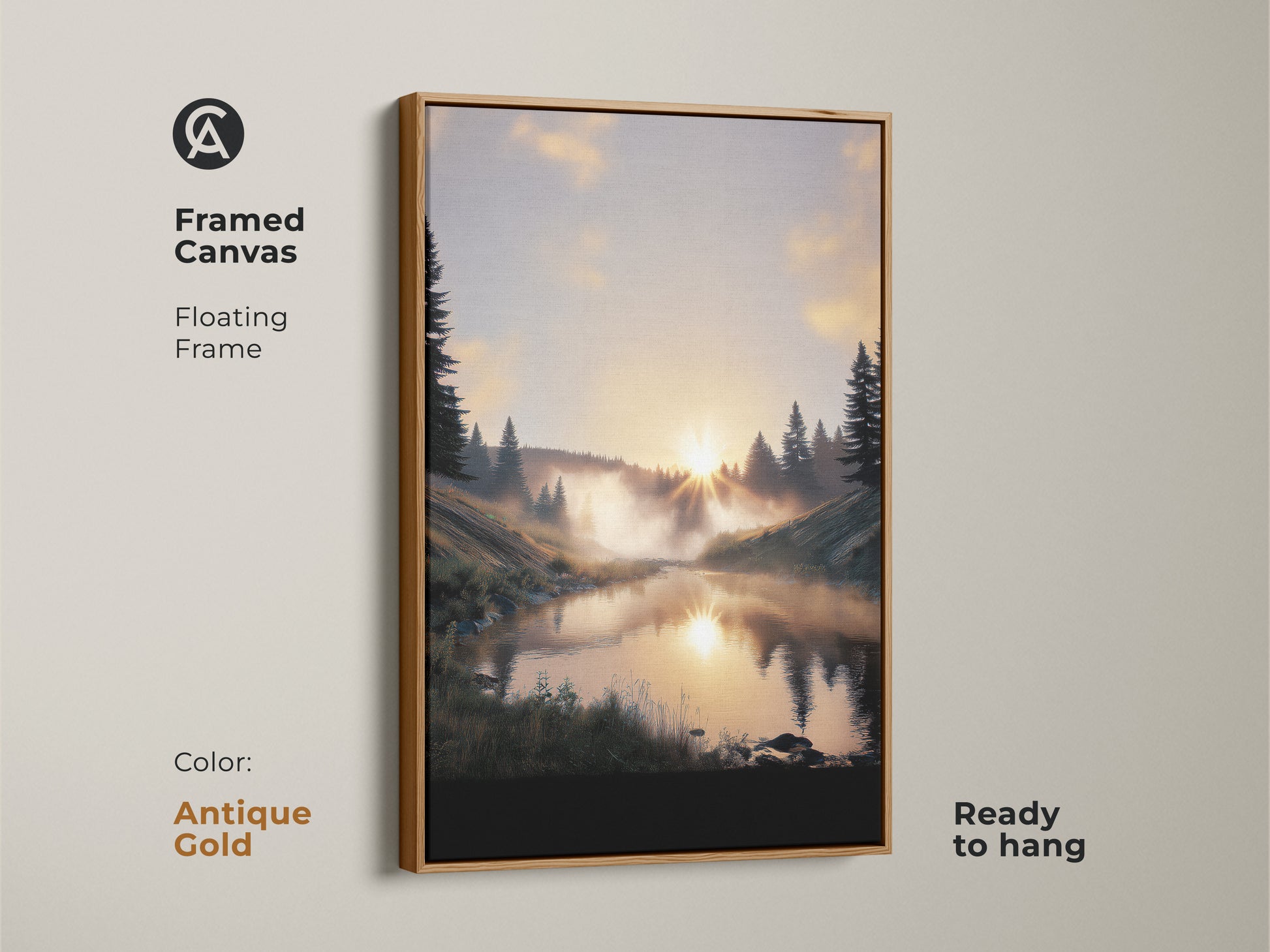 Antique gold framed canvas displaying a forest sunrise. This misty river landscape artwork has a floating frame. The warm tones nature decor adds elegance. Perfect for nature lover gift print.