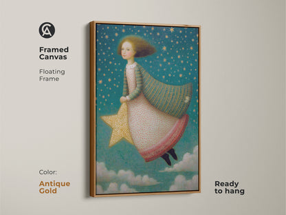 A dreamy girl floats on a gold star through a teal starry sky in this framed canvas art. The antique gold floating frame highlights the celestial nursery art. This kids room wall decor is ready to hang. A magical fantasy artwork and a unique gift for young dreamers.