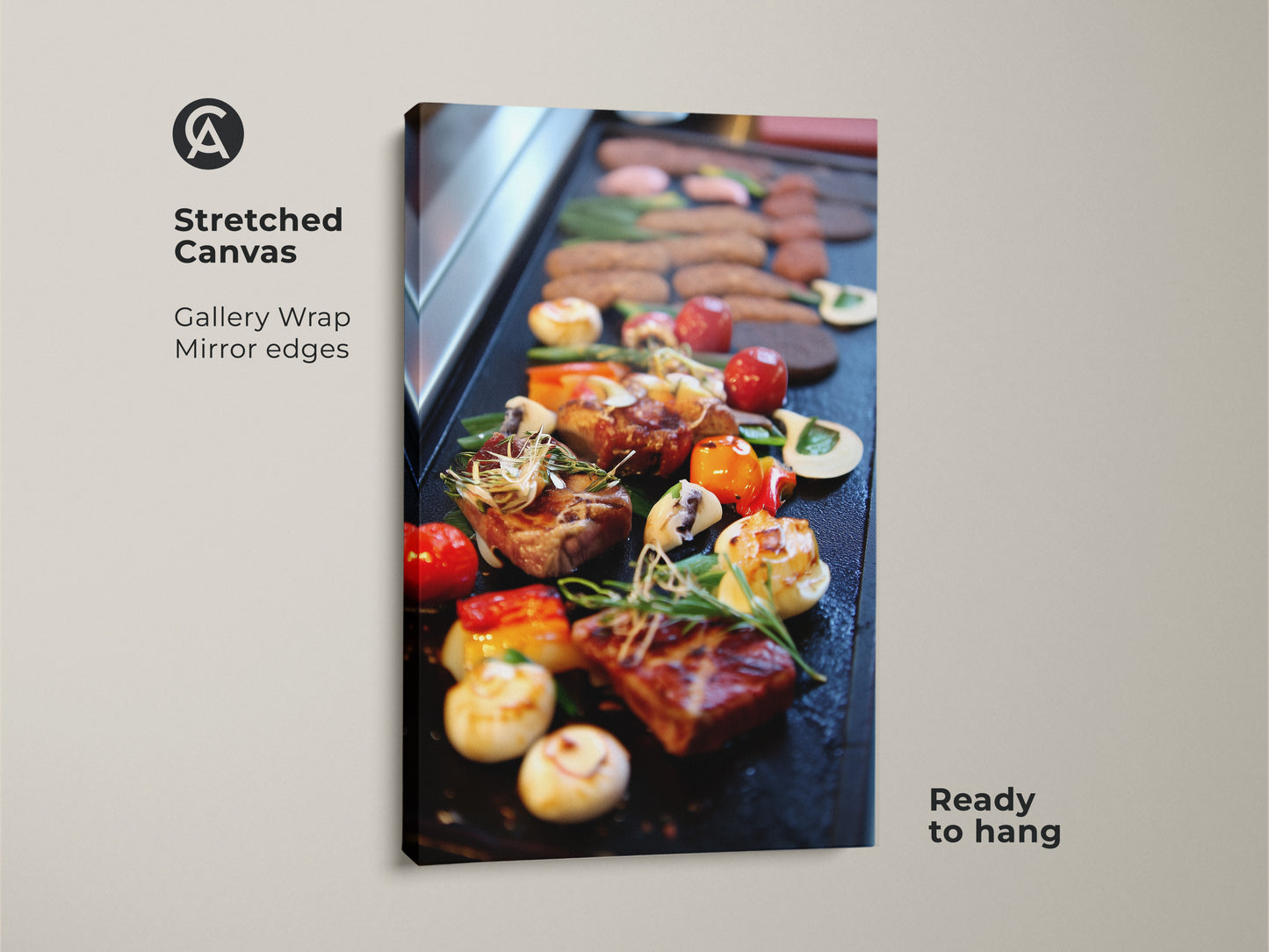 Stretched canvas gallery wrap featuring gourmet steak and vegetables. The mirror edges enhance this modern kitchen wall art. Ready to hang contemporary food print in red orange and brown. Ideal foodie housewarming gift or a special treat for yourself. This appetizing food canvas adds culinary sophistication to any space.