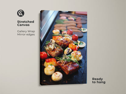 Stretched canvas gallery wrap featuring gourmet steak and vegetables. The mirror edges enhance this modern kitchen wall art. Ready to hang contemporary food print in red orange and brown. Ideal foodie housewarming gift or a special treat for yourself. This appetizing food canvas adds culinary sophistication to any space.