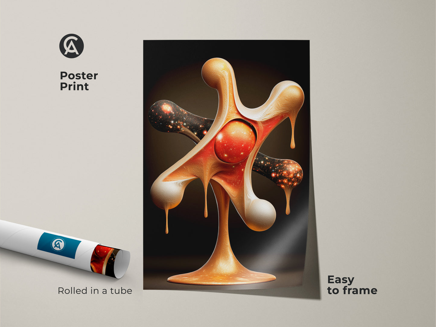 Easy to frame this rolled poster print presents an abstract nebula art piece. This surreal space artwork features captivating gold red and orange hues. The cosmic artwork adds a contemporary and dynamic element to any space. Its perfect for stargazers and sci-fi enthusiasts seeking unique celestial decor.