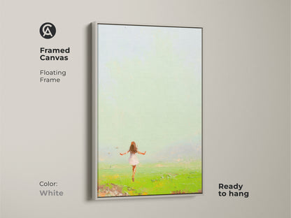 Brighten up your home with this framed canvas art print. This expressive girl in field painting brings nature's wonder to any room. The artwork features Emerald Green and Sky Blue tones. The white floating frame offers a clean modern look. It is a perfect addition to any boho bedroom. Ready to hang.
