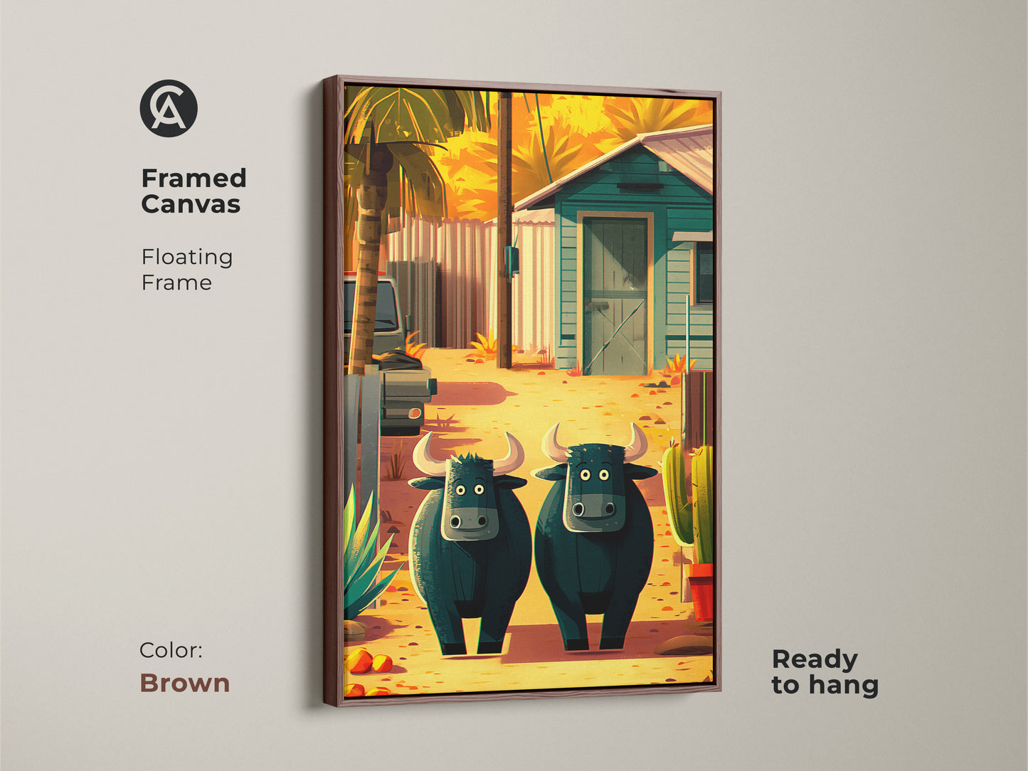Framed canvas in brown displays the farmhouse buffalo art print.  The artwork features two buffalo cacti and palm trees in a cartoon style. It has a playful yellow orange and teal color scheme. Ideal as a unique eclectic housewarming gift.
