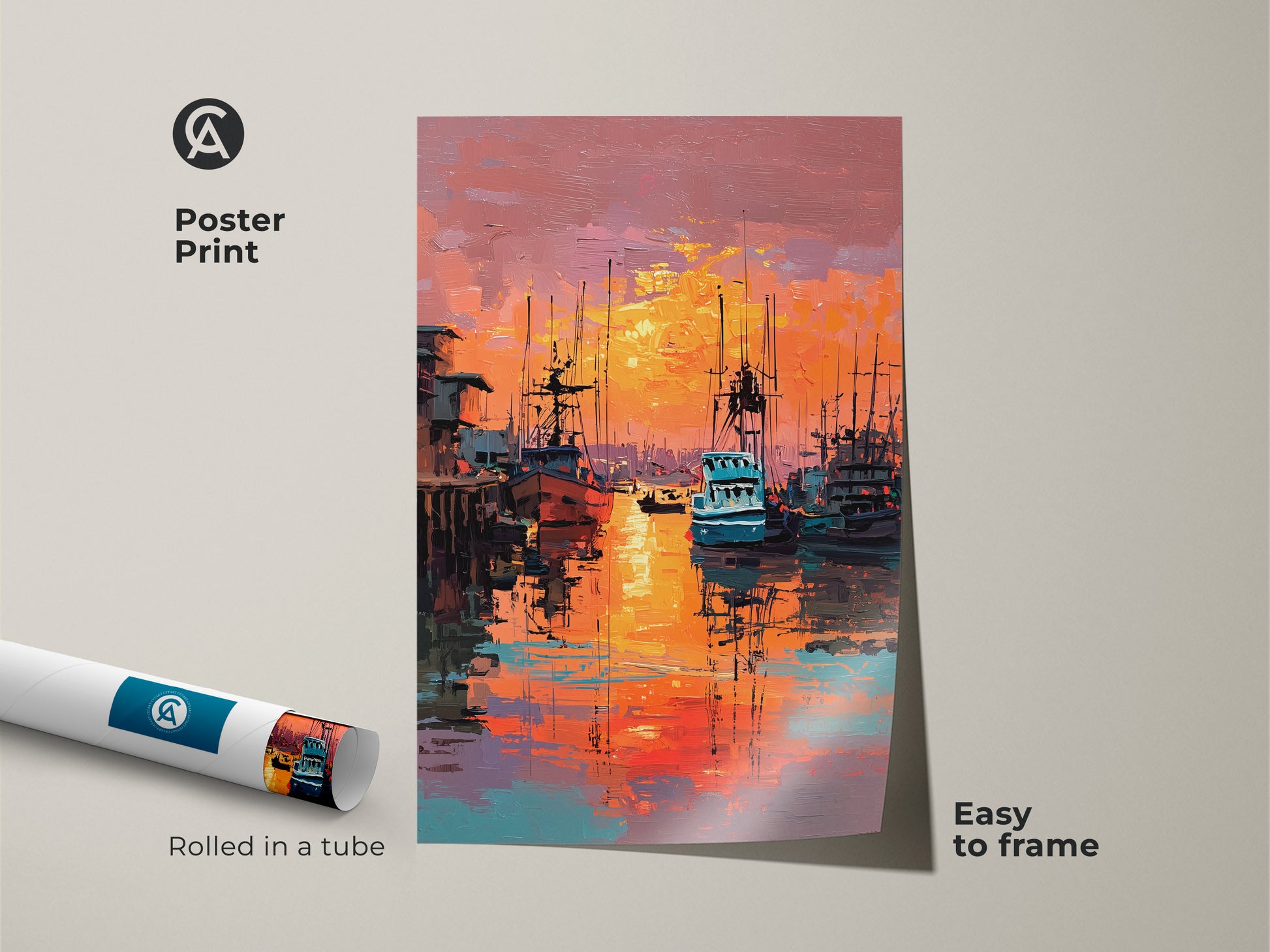 This poster print showcases a colorful harbor sunset scene. Rolled in a tube for easy framing it is perfect for art enthusiasts. The artwork captures boats in a marina with vibrant reflections. This marine art is easy to display.