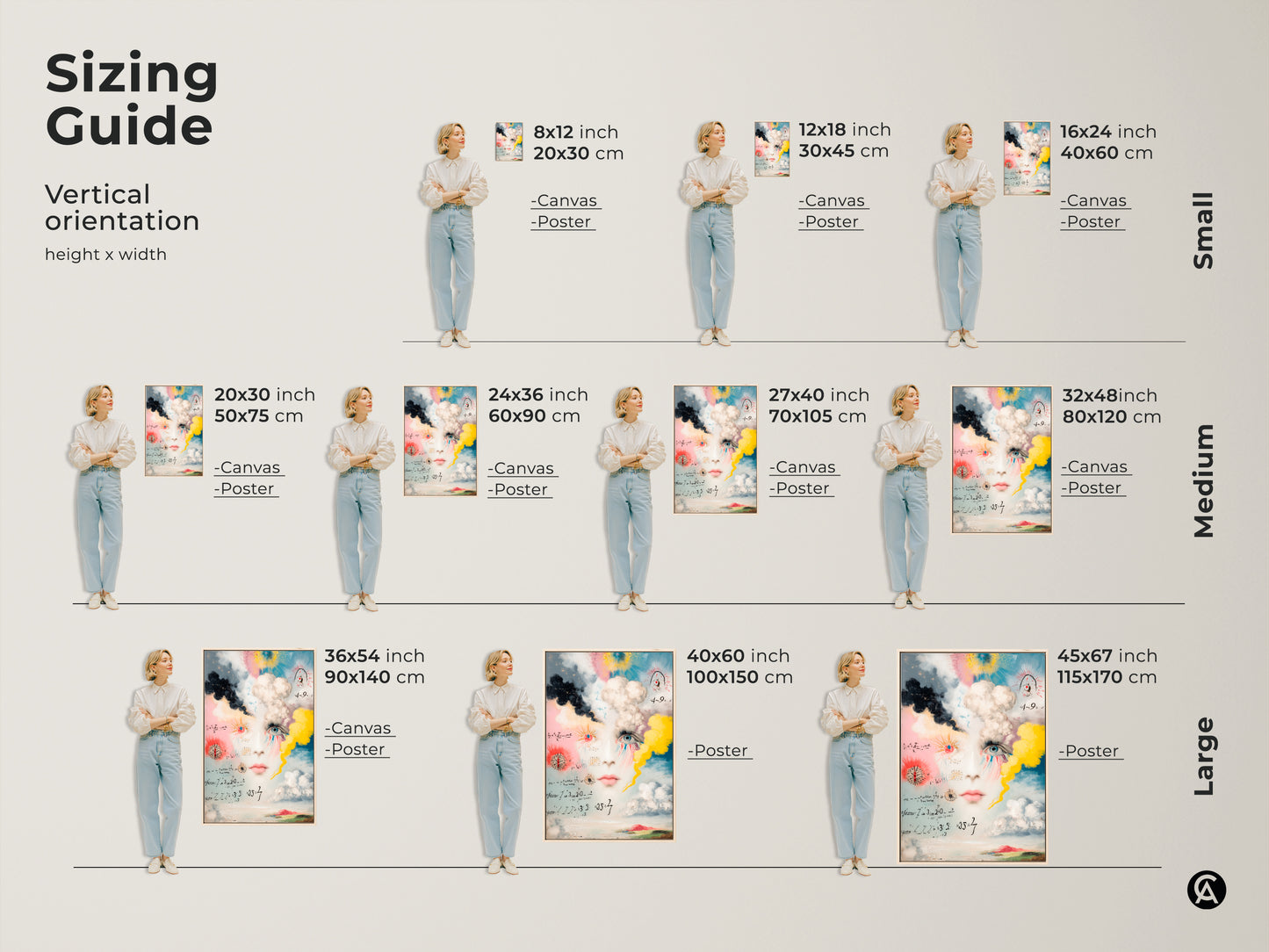 Size guide for vertical surreal face artwork. Available as canvas or poster prints. Sizes range from small medium to large. Perfect for adding an intellectual touch to any space.