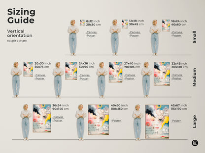 Size guide for vertical surreal face artwork. Available as canvas or poster prints. Sizes range from small medium to large. Perfect for adding an intellectual touch to any space.