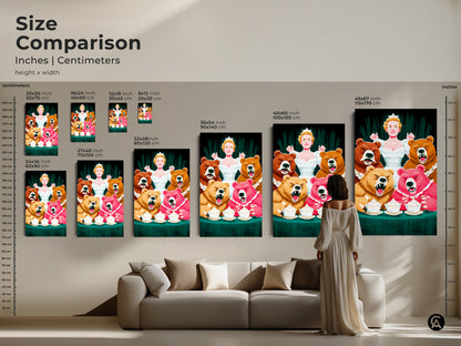 A size comparison of the Bear Queen art. Multiple sizes from small to large are shown above a couch. This fantasy animal art is perfect as a focal point. The colorful artwork adds a unique touch as a fairytale home decor gift.