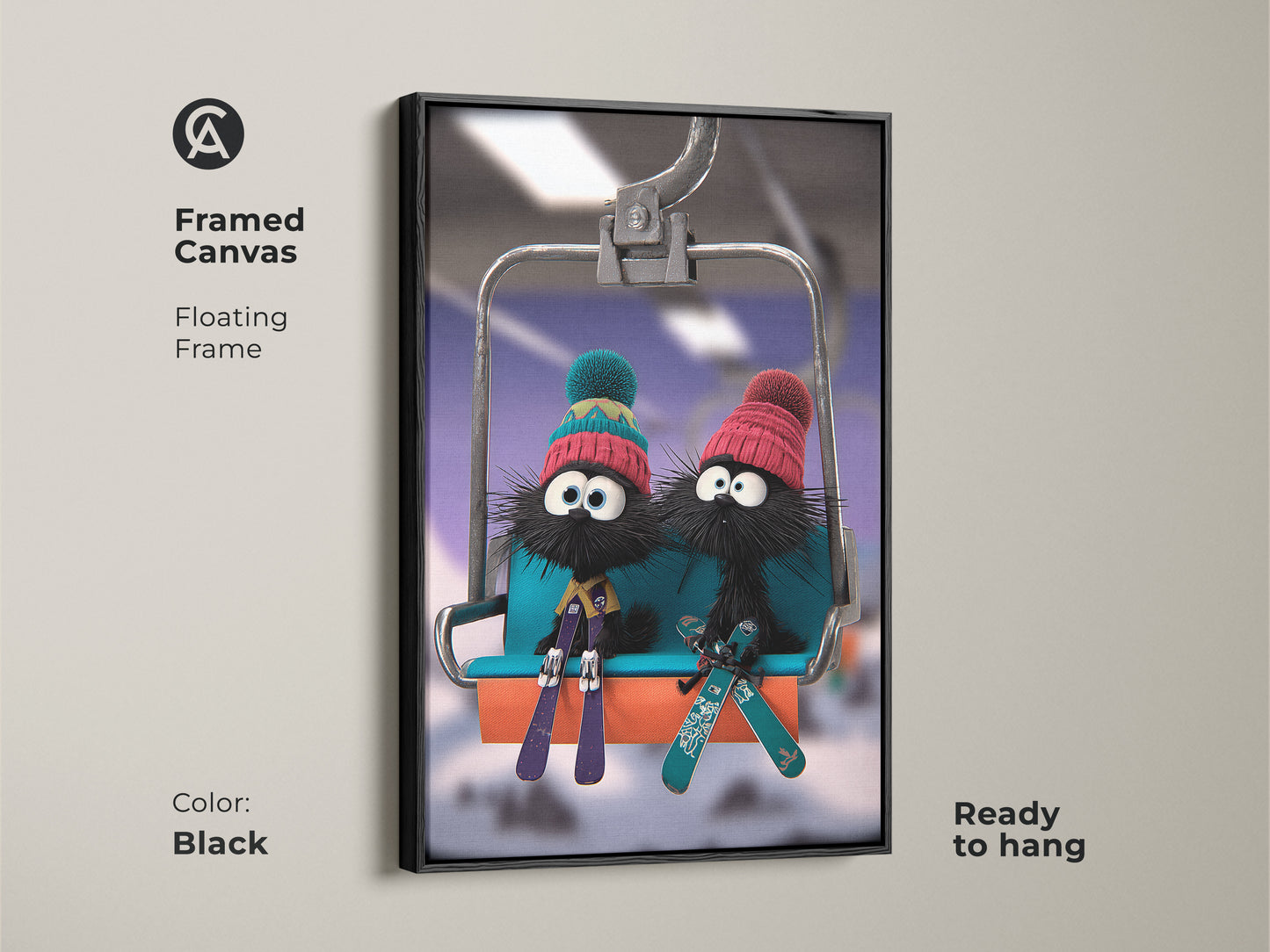 Framed canvas art of cartoon furballs on a ski lift ready to hang. This floating frame in black enhances the winter animal wall art. The blue and teal aesthetic adds a fun touch to kids' room decor. A perfect blend of funny skiing characters and wall art for eclectic decor.