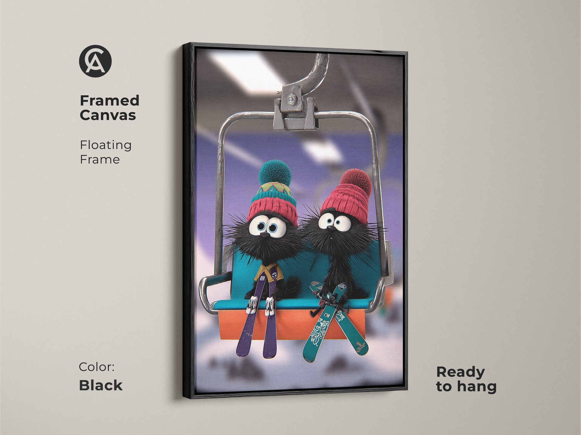 Framed canvas art of cartoon furballs on a ski lift ready to hang. This floating frame in black enhances the winter animal wall art. The blue and teal aesthetic adds a fun touch to kids' room decor. A perfect blend of funny skiing characters and wall art for eclectic decor.