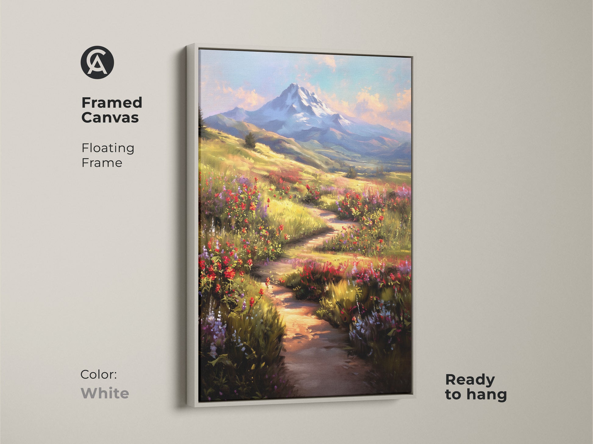 Framed canvas art displaying an impressionistic wildflower meadow canvas. The white floating frame enhances this painterly mountain scene. The blue yellow and green nature artwork is perfect for modern farmhouse decor. This scenic mountain view print brings a touch of the outdoors into your home.