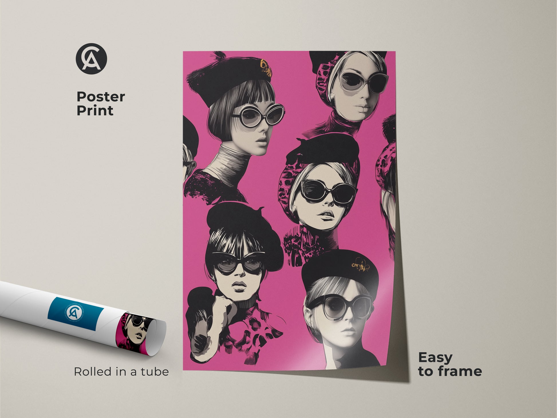 Retro Pop Art poster print showcasing a stylish woman with sunglasses. Rolled in a tube for easy framing. This eclectic artwork adds a touch of Parisian chic to any room. This hot pink and black and white portrait makes a bold statement. Ideal for fashion lovers seeking unique wall decor.