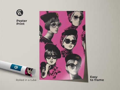 Retro Pop Art poster print showcasing a stylish woman with sunglasses. Rolled in a tube for easy framing. This eclectic artwork adds a touch of Parisian chic to any room. This hot pink and black and white portrait makes a bold statement. Ideal for fashion lovers seeking unique wall decor.