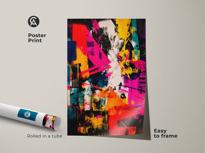 Poster print of an abstract painting rolled in a tube. This art print is easy to frame. The colorful abstract is a modern art piece. A great option for home or office decor. It brings energy to your space.