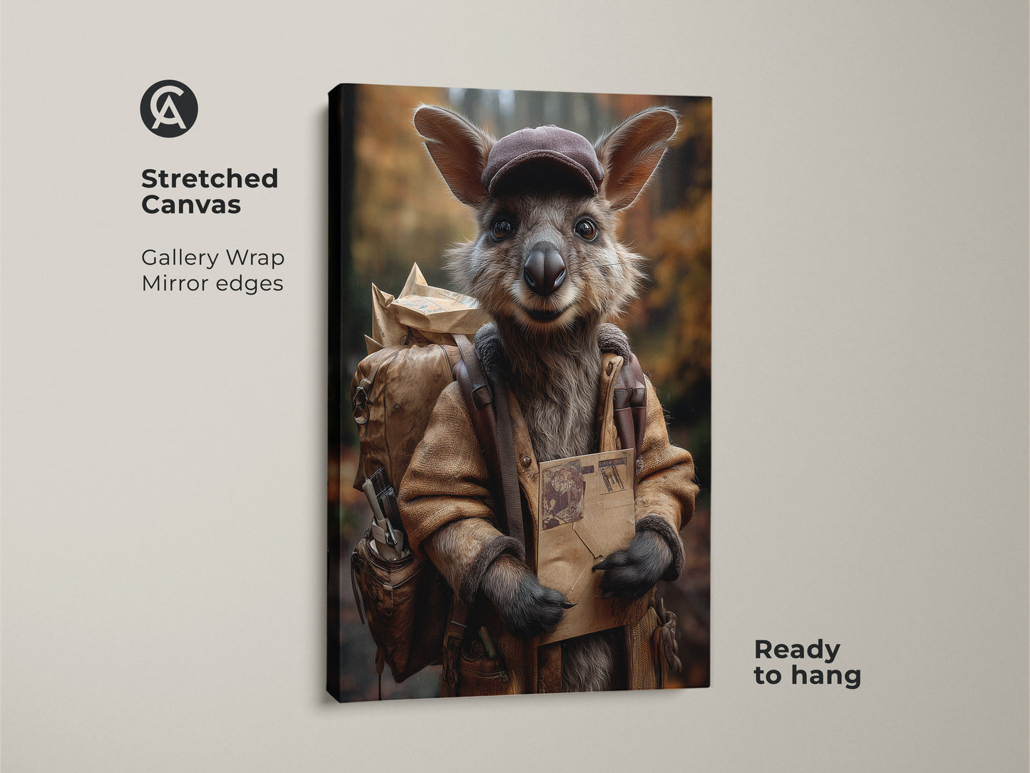 A stretched canvas art print shows a kangaroo in a mail carrier outfit. The gallery wrap has mirrored edges. This ready-to-hang animal artwork uses earthy tones for a rustic look.
