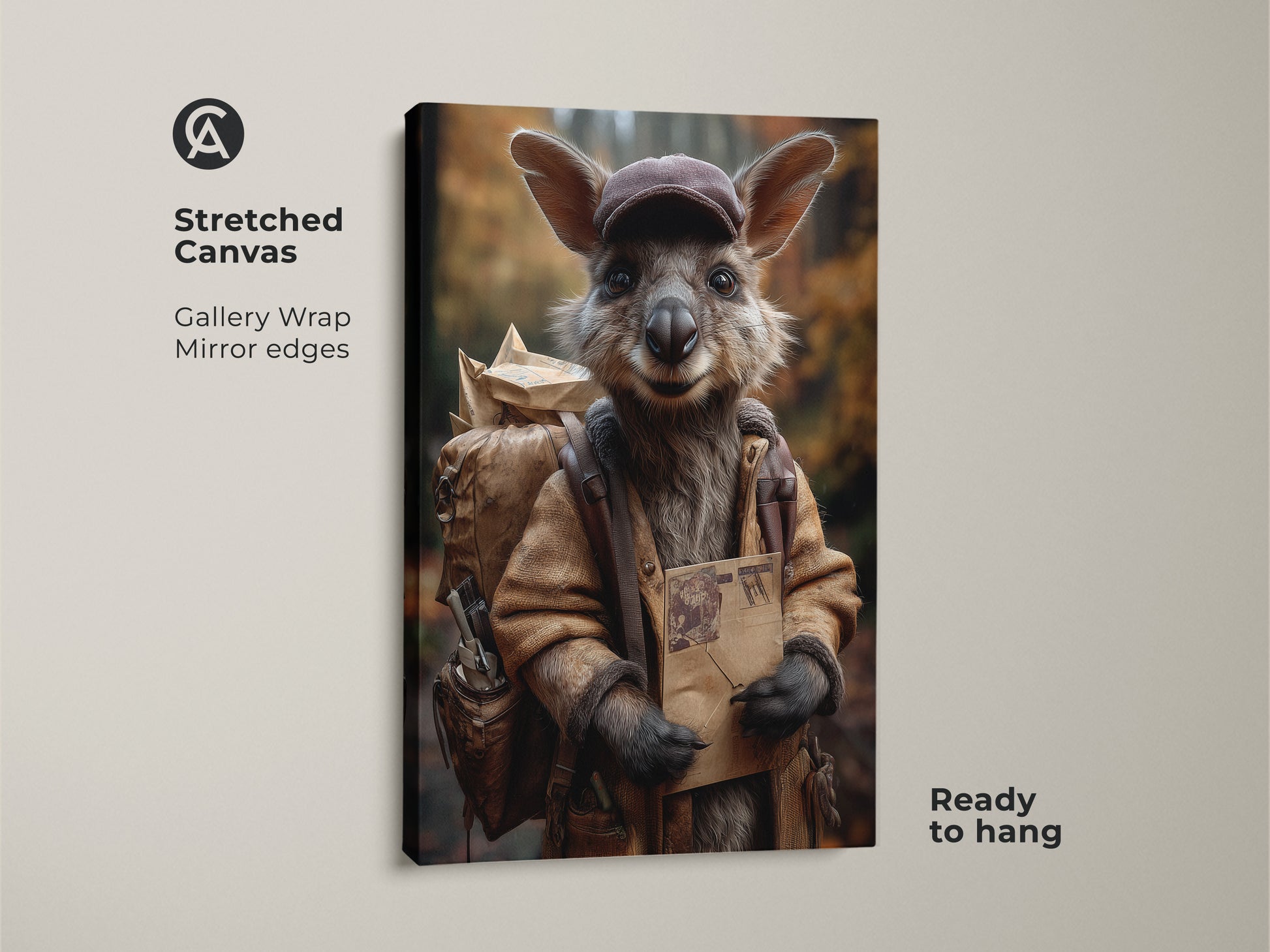 A stretched canvas art print shows a kangaroo in a mail carrier outfit. The gallery wrap has mirrored edges. This ready-to-hang animal artwork uses earthy tones for a rustic look.