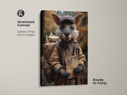 A stretched canvas art print shows a kangaroo in a mail carrier outfit. The gallery wrap has mirrored edges. This ready-to-hang animal artwork uses earthy tones for a rustic look.