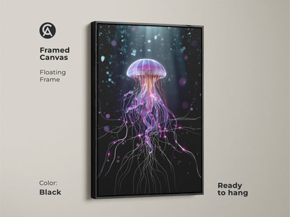 Framed canvas featuring a surreal jellyfish art print. A black floating frame enhances this purple and teal ocean life artwork. This contemporary digital art adds abstract fantasy to your bedroom. Ready to hang for modern home decor.