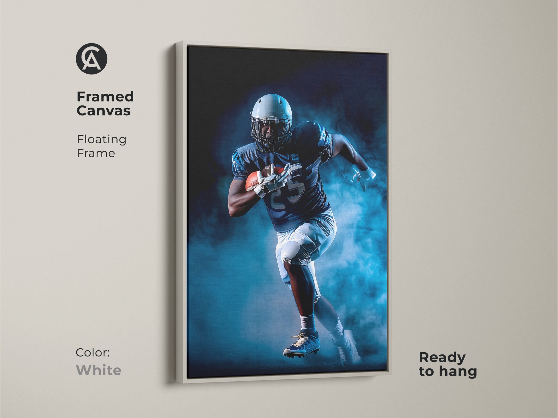 This white framed canvas features dynamic artwork of a football player. The navy and white sports print is ready to hang. It brings a modern touch to any office or man cave. This athlete action artwork is an excellent gift for sports fans.